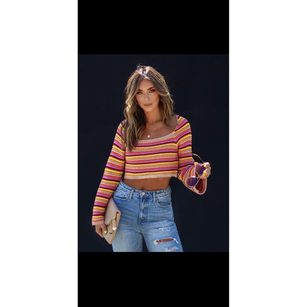 Emory Park Crochet Striped Square Neck Crop Sweater Bell Sleeve‎